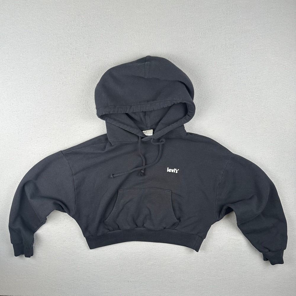 Levi's Cropped Hoodie Women S Black Logo Boxy Drawstring Fleece Pullover
